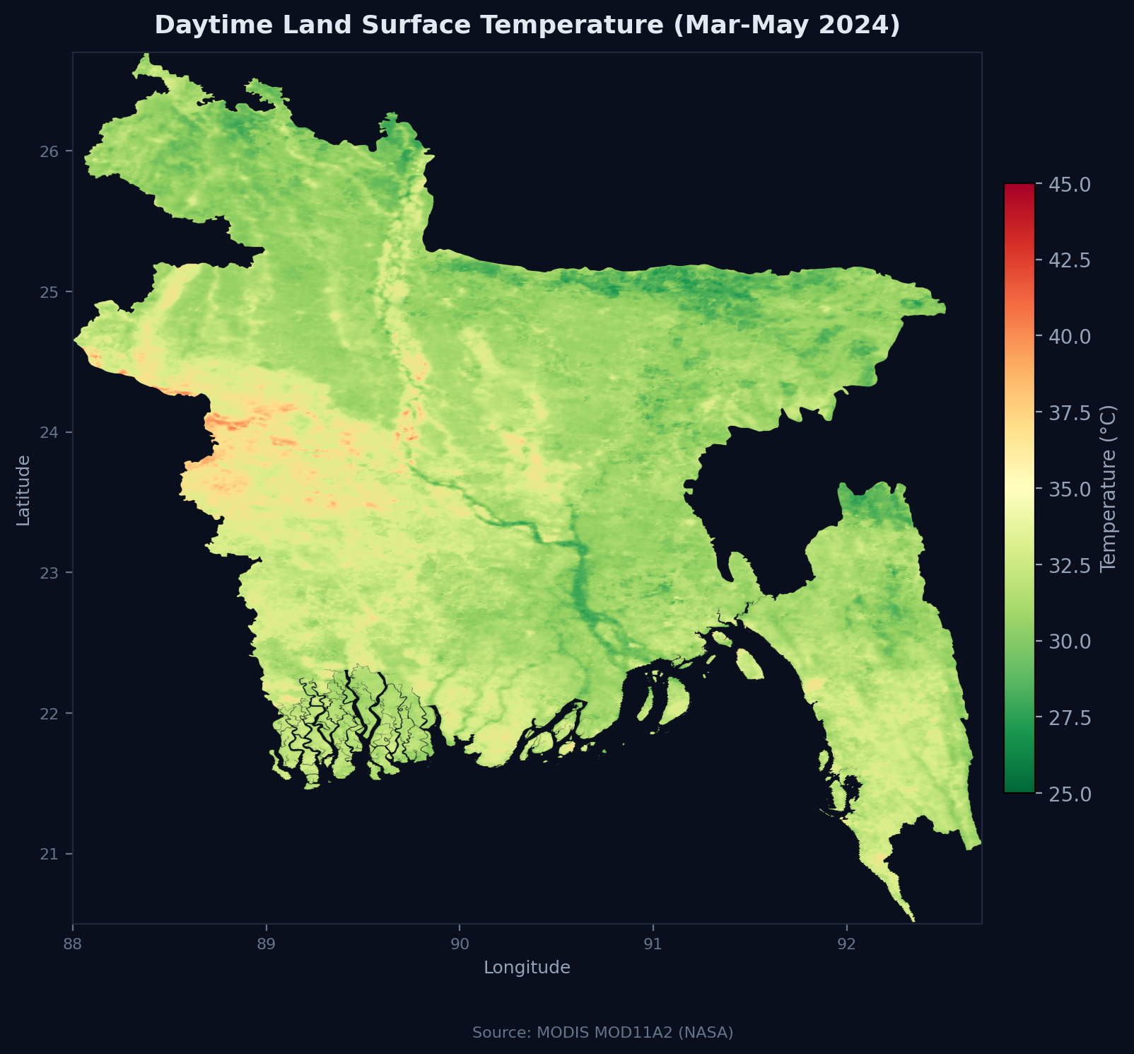 Daytime Land Surface Temperature. Source: MODIS MOD11A2 (NASA).