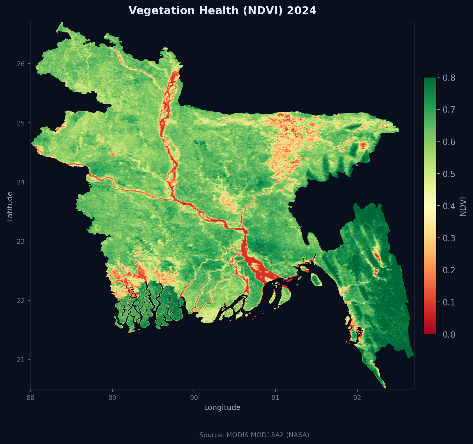 Vegetation health (agricultural productivity proxy). Source: MODIS MOD13A2 (NASA).