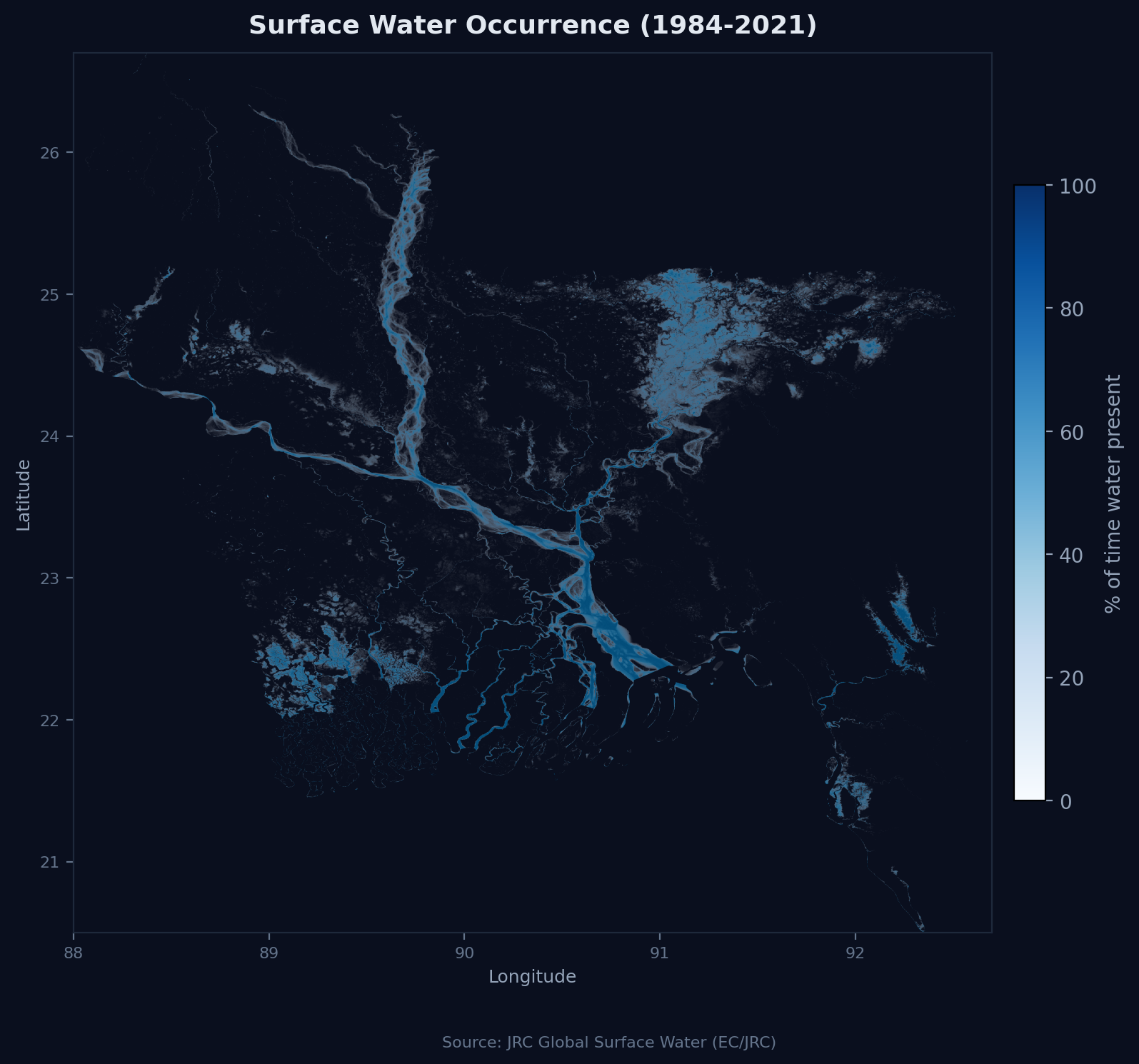 Surface Water Occurrence (1984-2021). Source: JRC Global Surface Water.