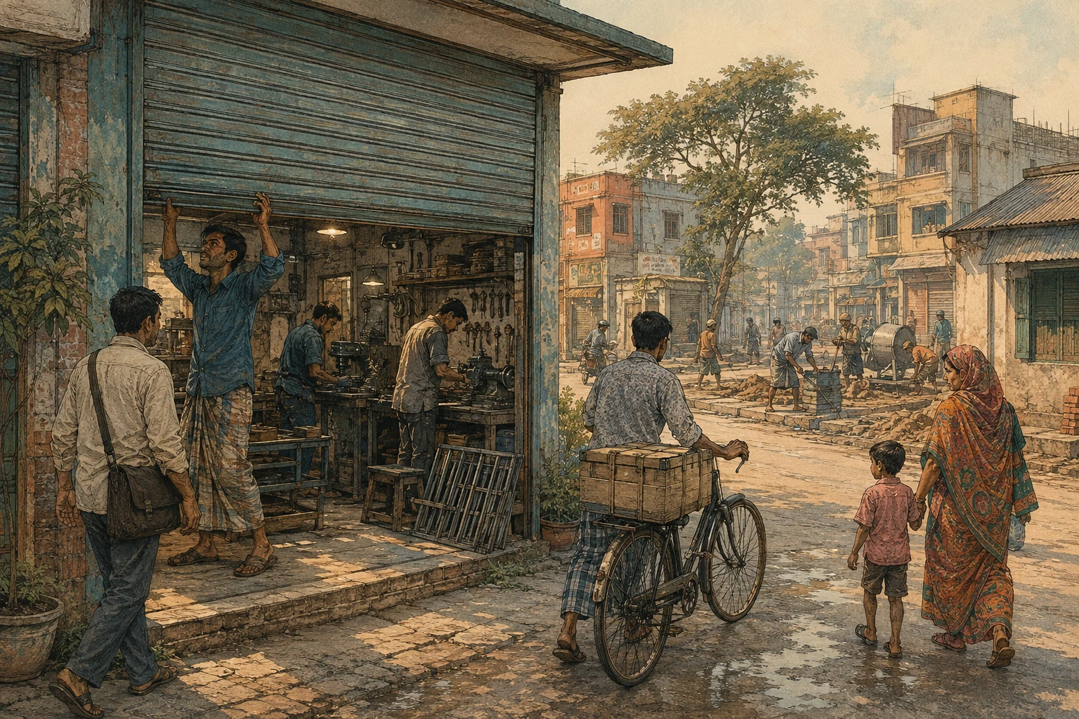 Workers open a neighbourhood workshop as a delivery cyclist passes a street being repaired.