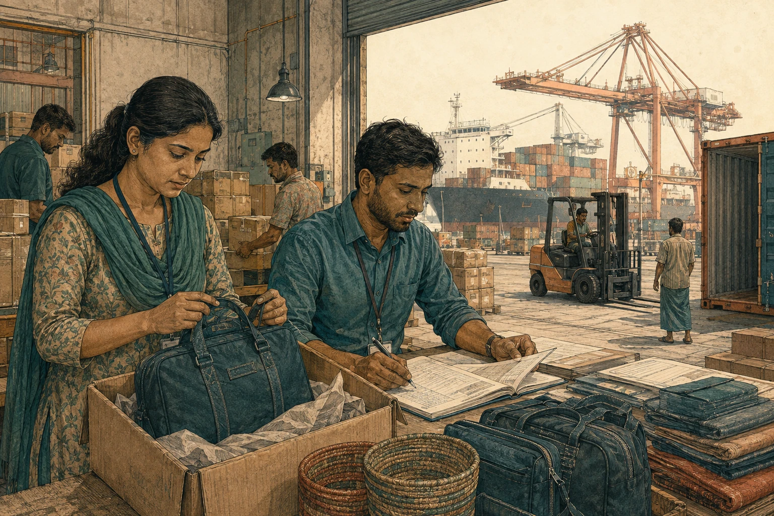 An inspector checks finished garments while a shipping clerk reviews a dispatch ledger.