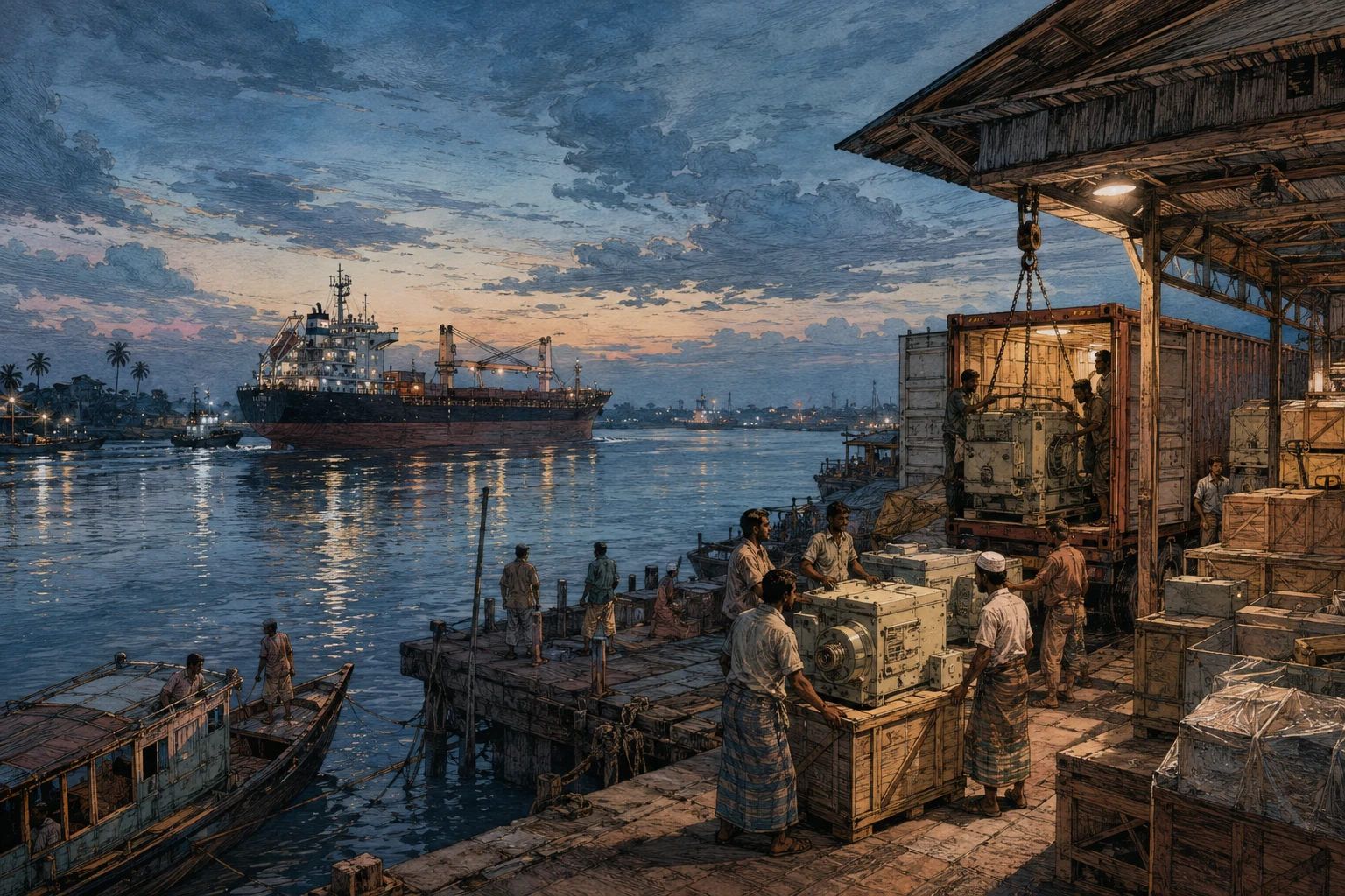 Workers unload machinery beside a river port at dusk.