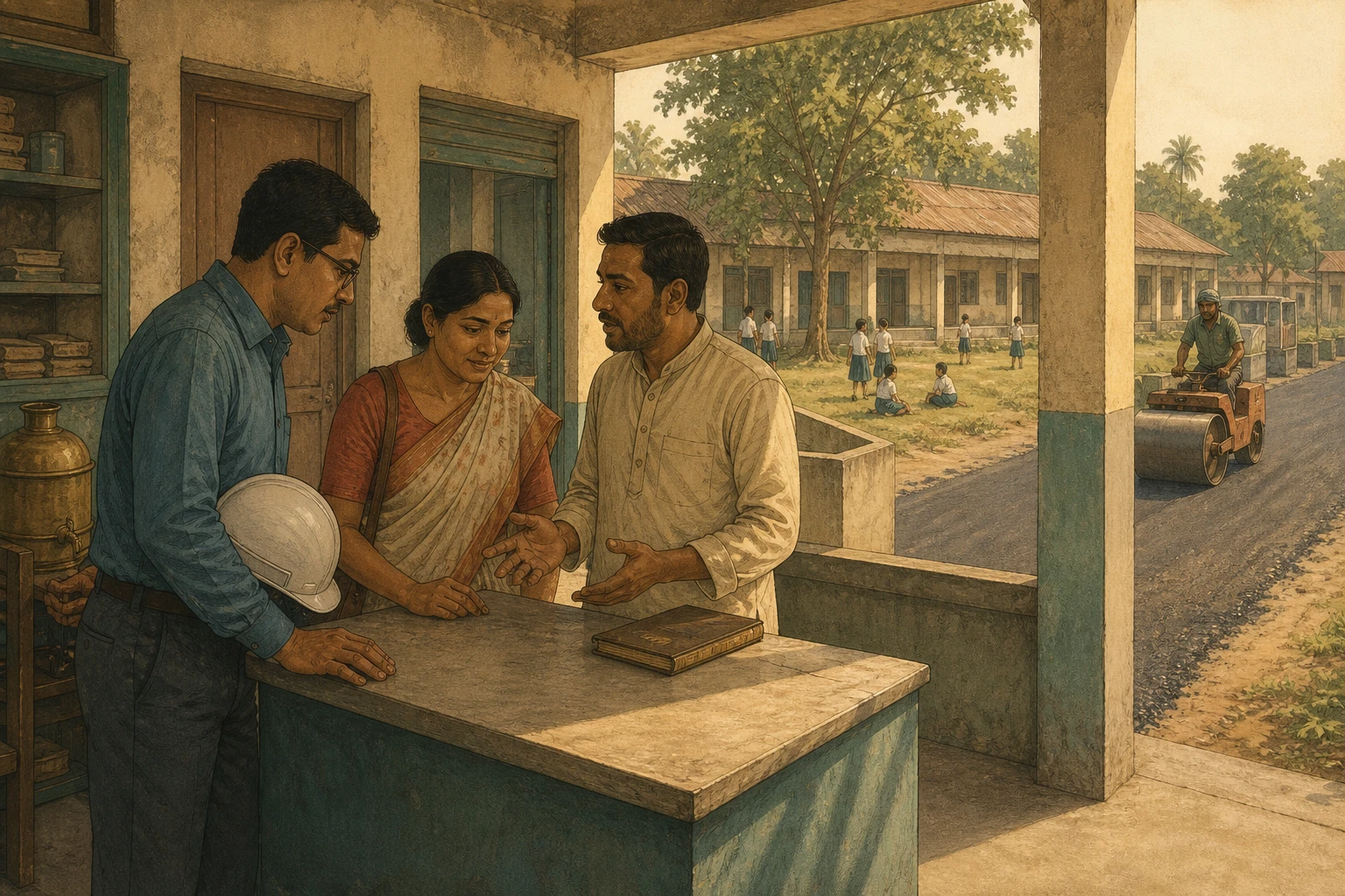 An engineer, a teacher and a business owner discuss public services at a civic office.