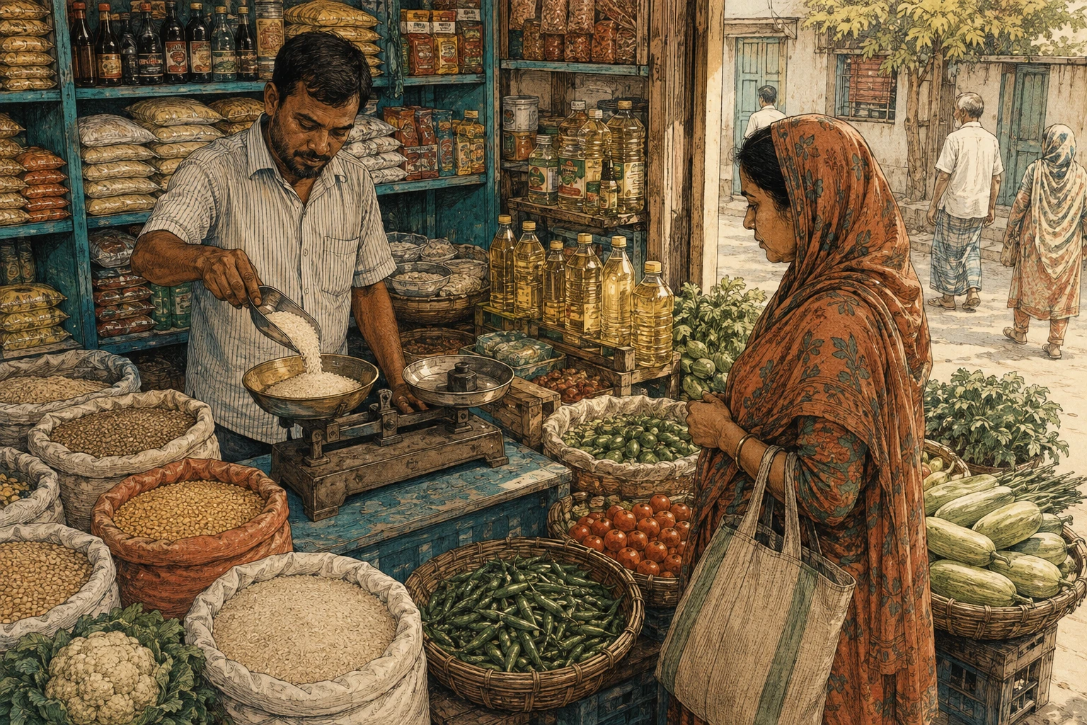 A grocer weighs rice while a customer considers essential foods.