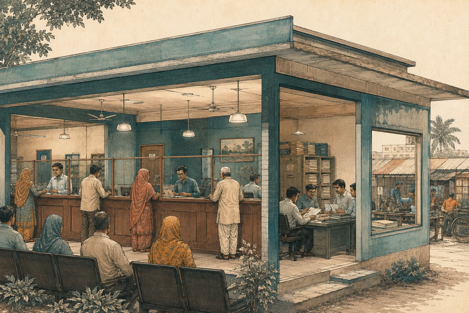 Depositors speak with bank tellers while staff review loan records.