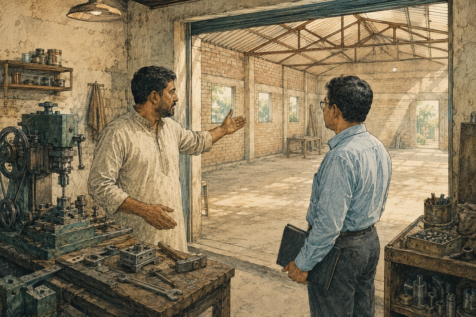 A workshop owner shows a financing officer space for an expansion.