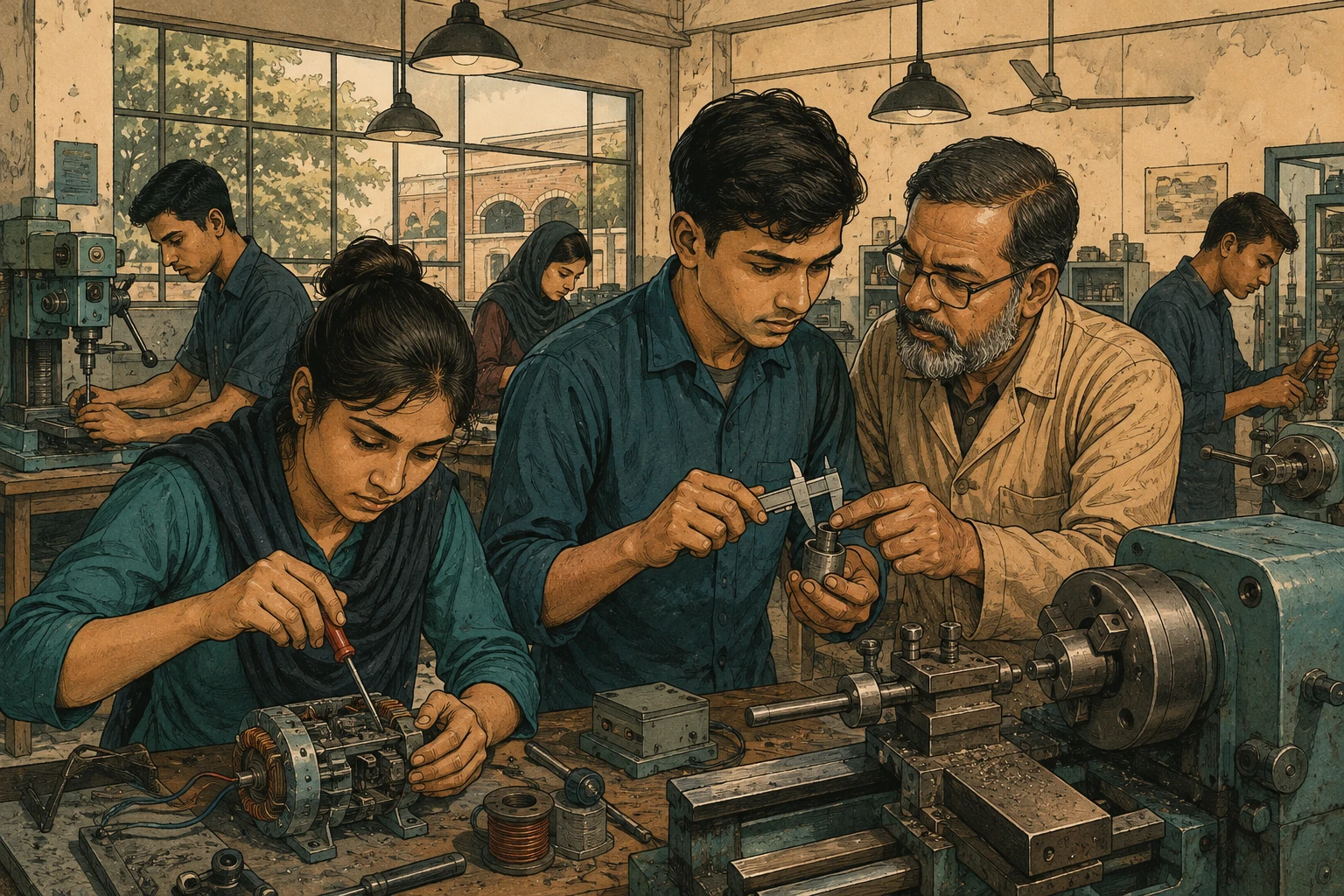 Young workers learn precision measurement and electrical assembly from an experienced instructor.