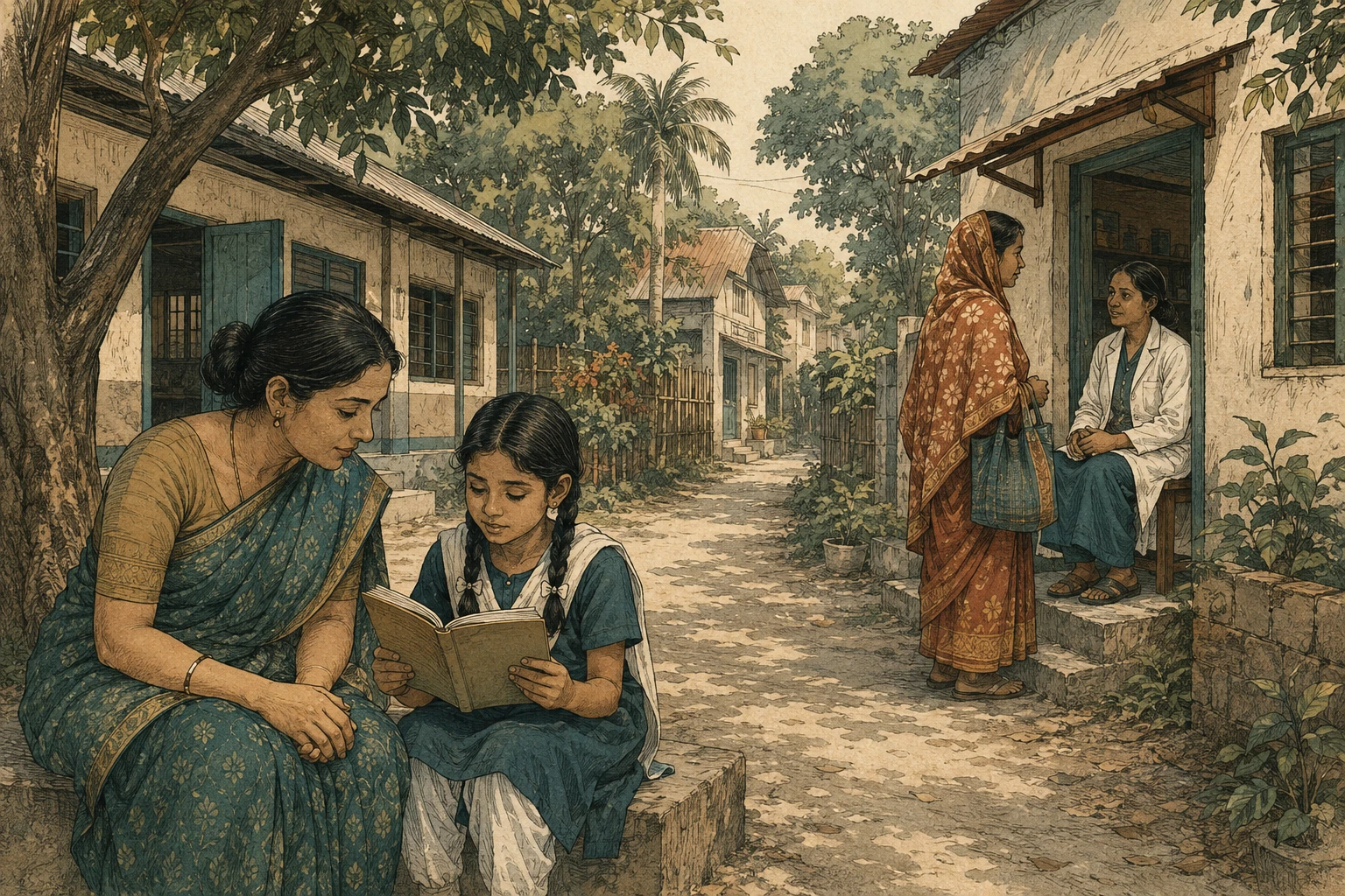 A teacher helps a child read near a clinic where a parent speaks with a health worker.
