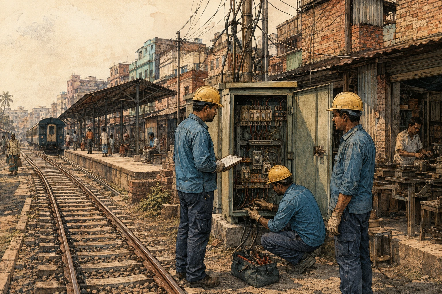 A maintenance crew inspects electricity equipment near a railway and local workshops.