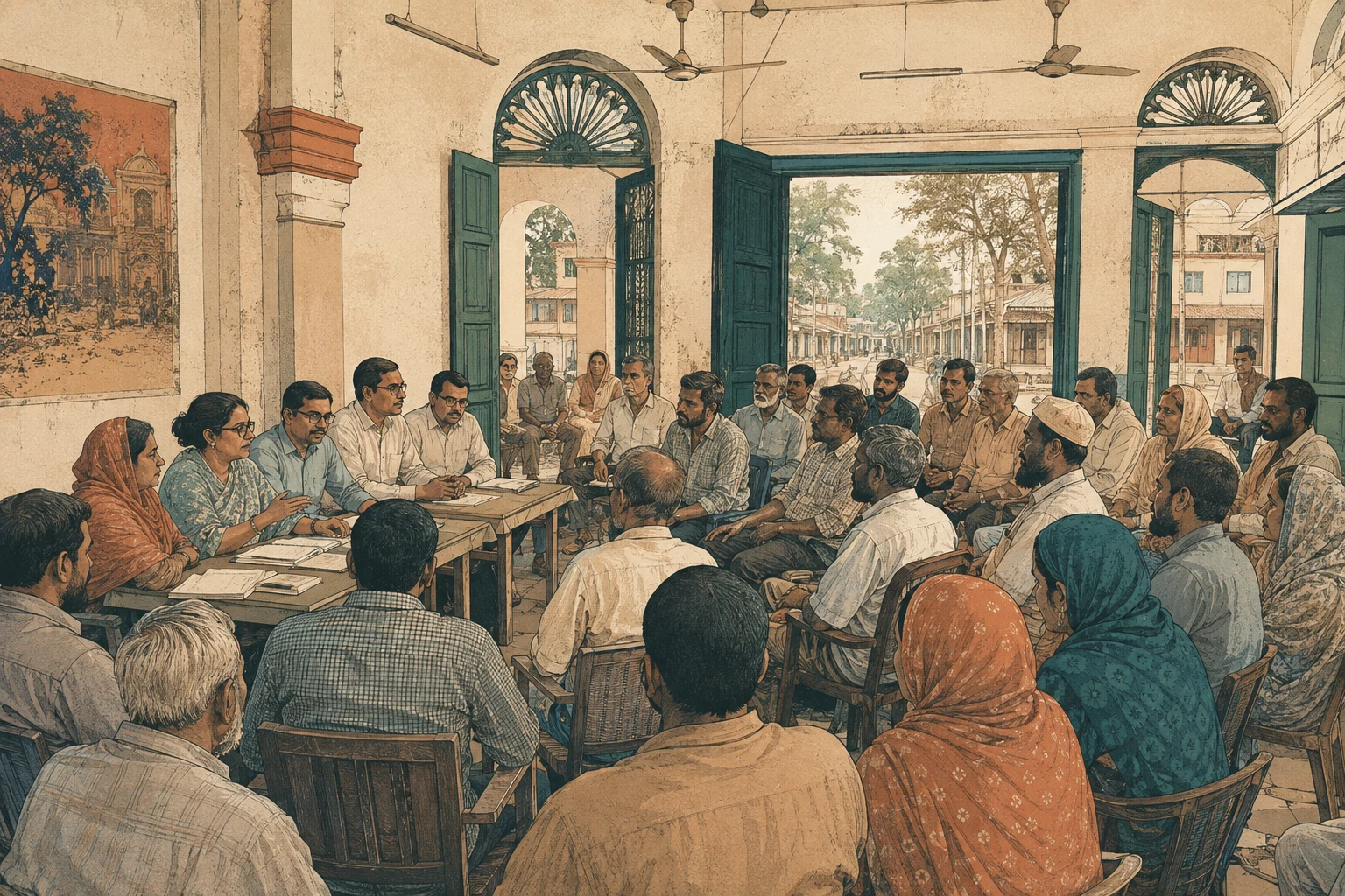 Residents and officials discuss public matters in a local civic hall.