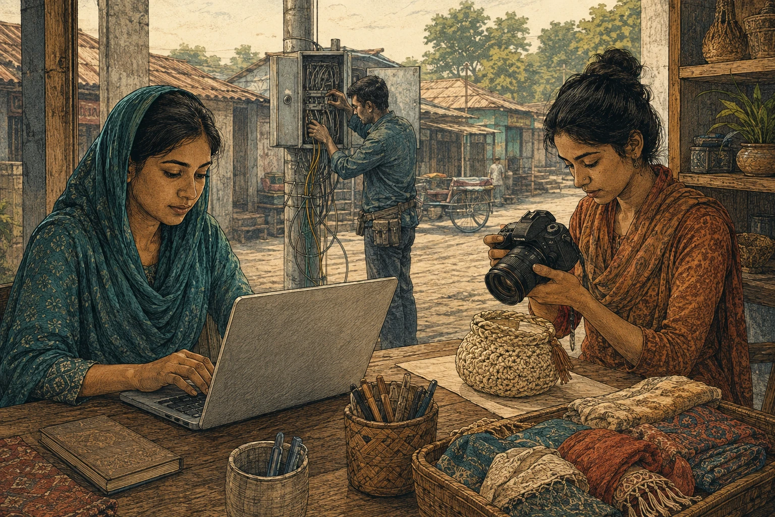 Entrepreneurs use a laptop and photograph a product in a small-town workspace.