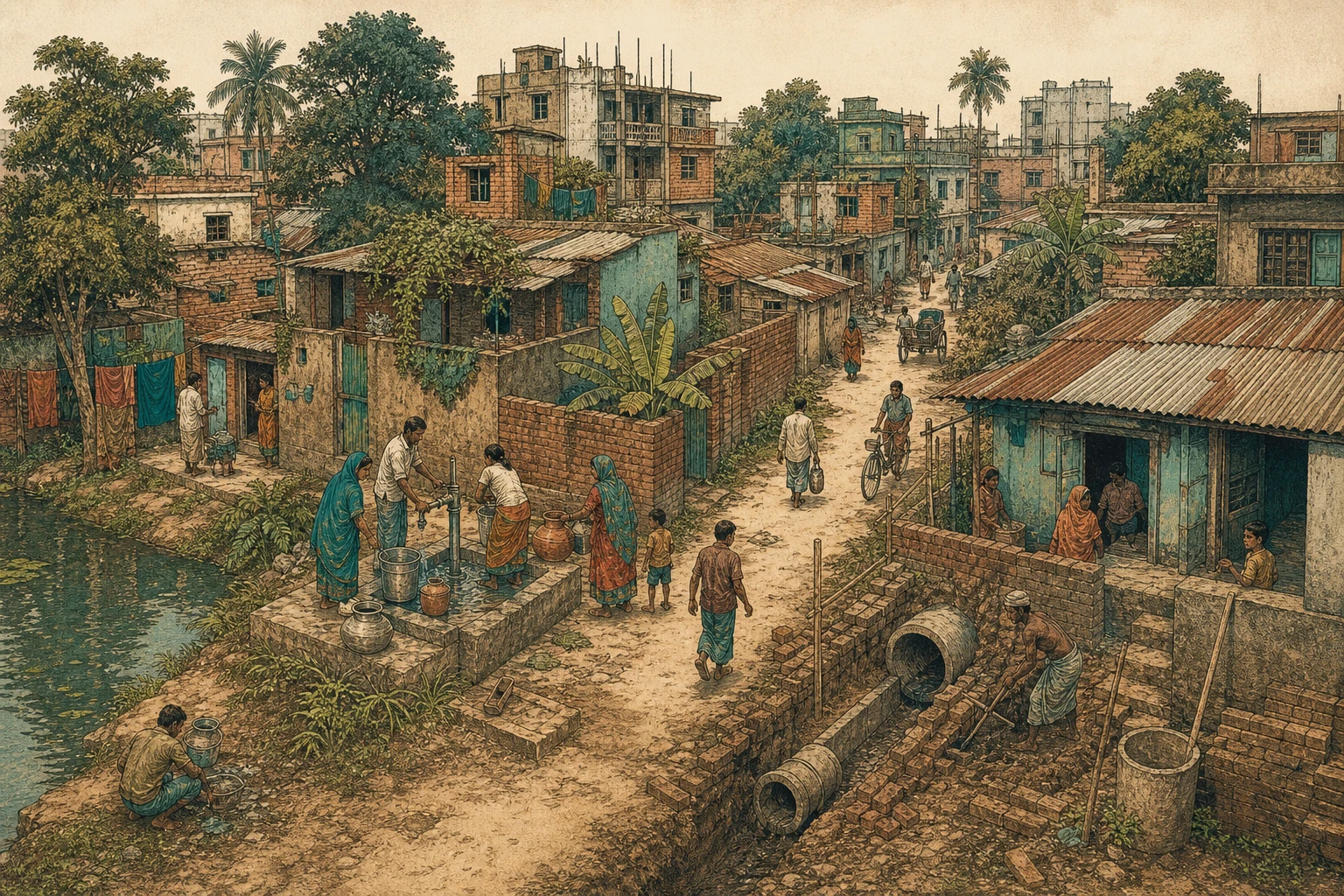 Housing, a shared water point and drainage works meet along an urban neighbourhood lane.