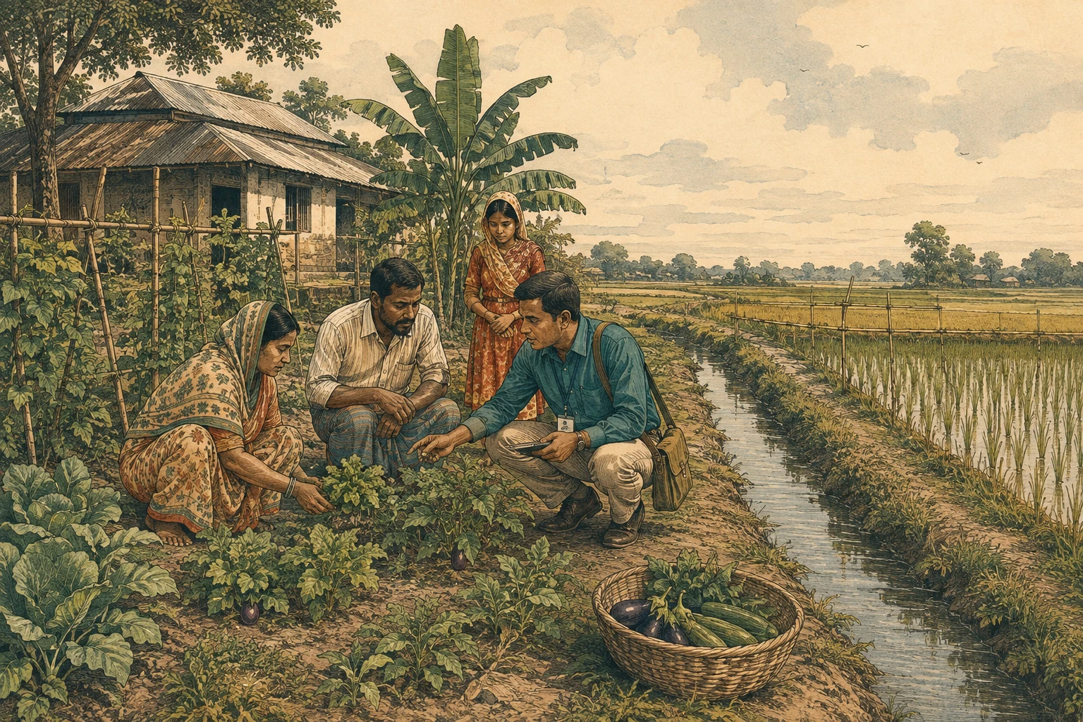 A farming household and an extension worker examine crops beside irrigated fields.