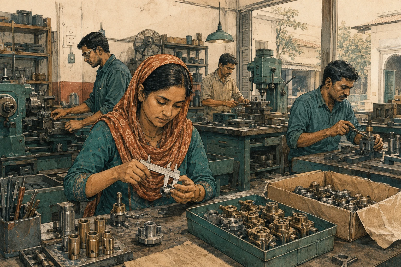 Skilled workers make and inspect components in a light-engineering workshop.