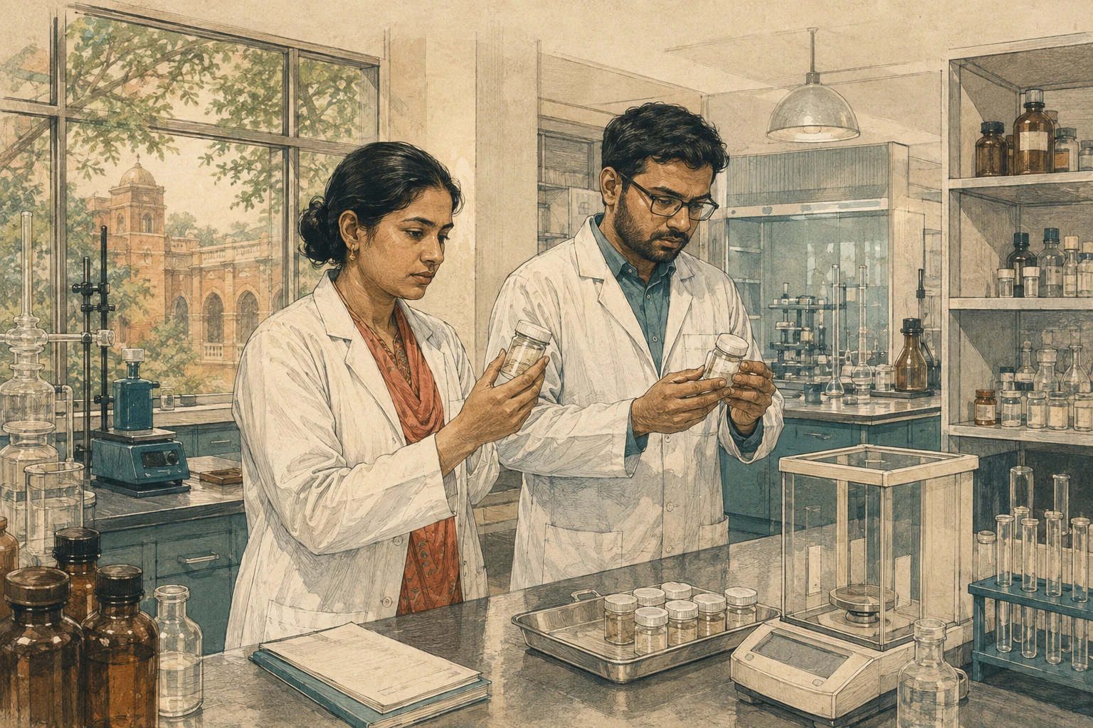 Laboratory staff examine sealed medicine samples at a quality-testing bench.