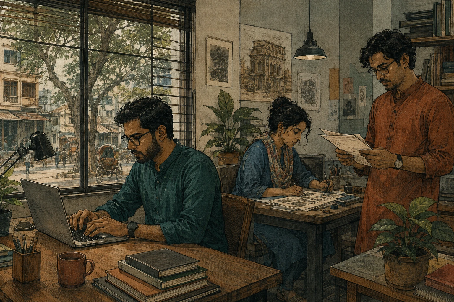 Software and design professionals work together in a modest shared office.