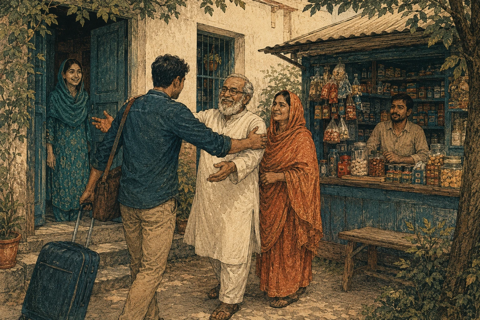 A returning family member arrives with a suitcase in a household courtyard.