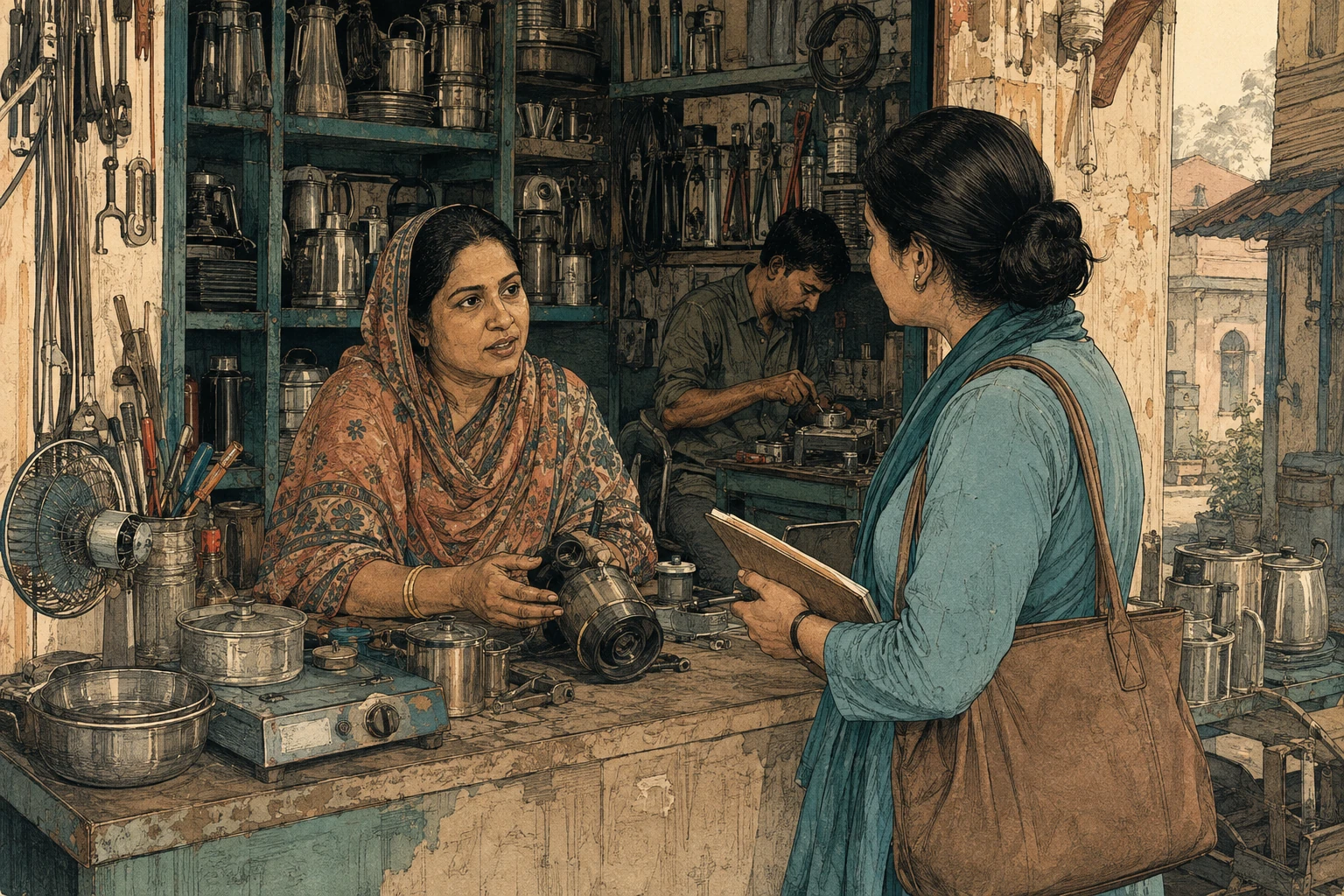 A shop proprietor discusses business needs while repair work continues nearby.