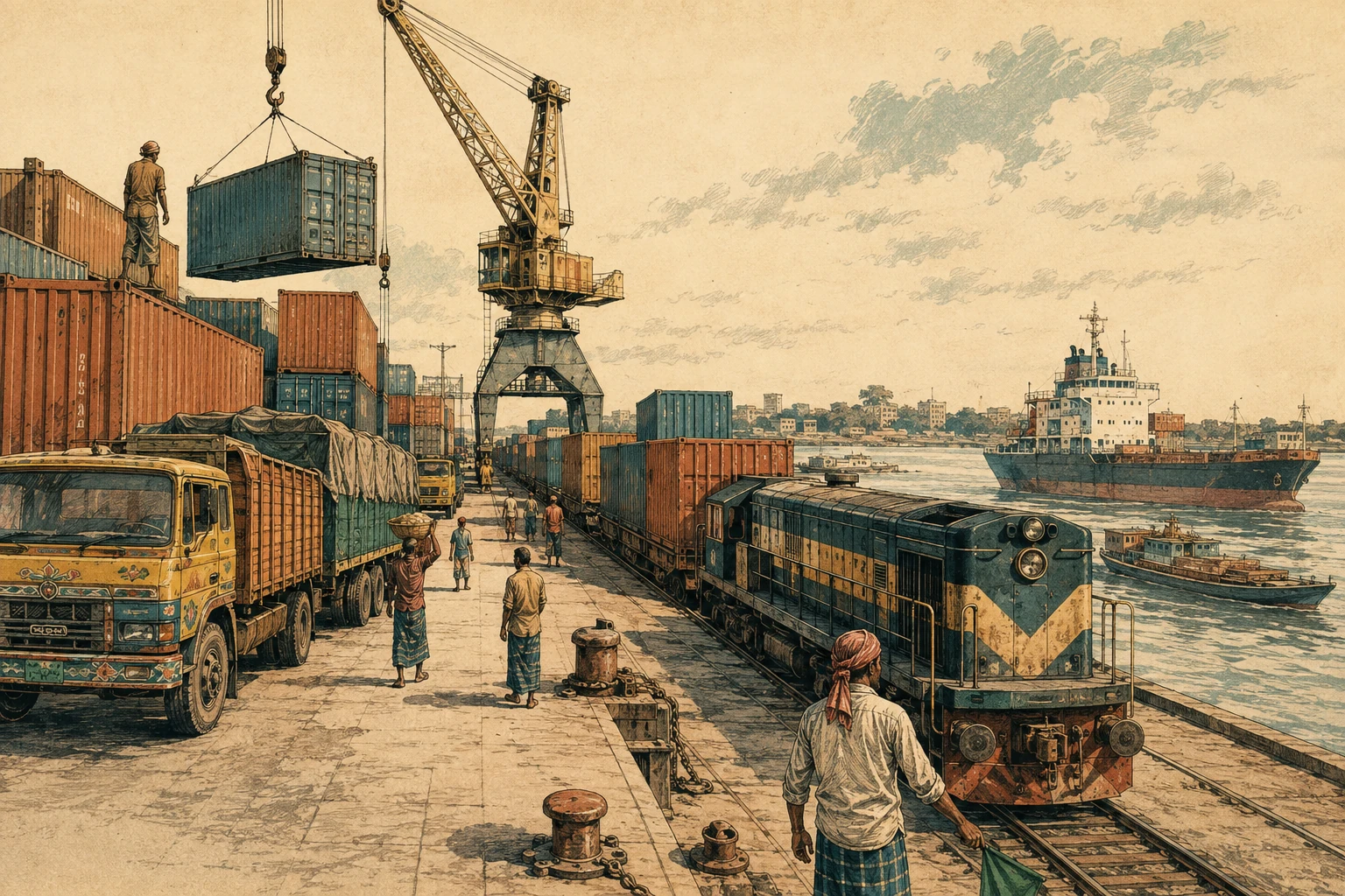 Workers transfer cargo between a port, freight railway and lorries.