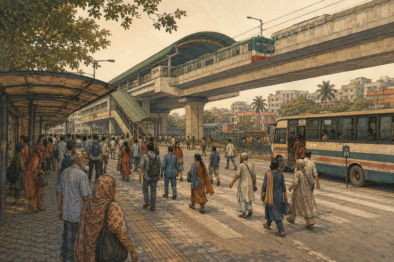 Travellers move between a metro line, buses and a neighbourhood footpath.