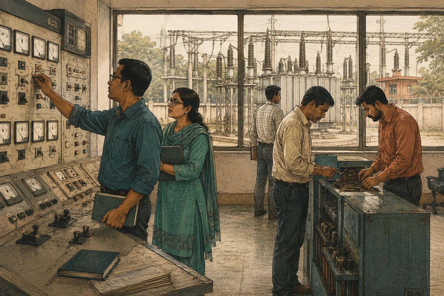 Engineers inspect equipment at an electricity control and maintenance facility.