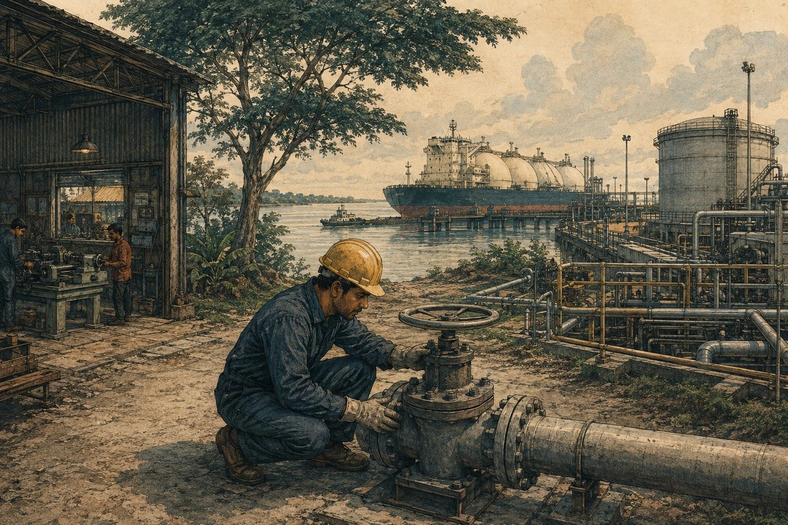 A worker inspects pipework at a riverside fuel terminal.