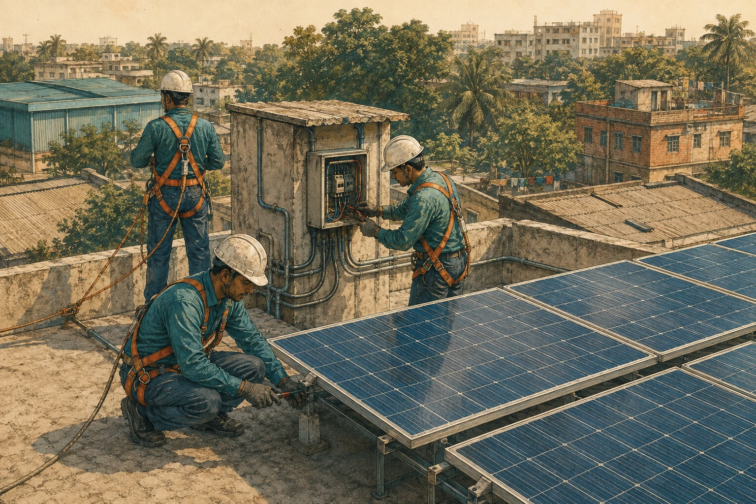 Workers inspect solar panels and their connections on a factory rooftop.