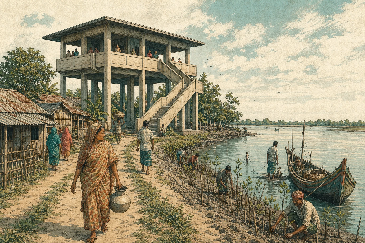 Residents maintain coastal protection near a raised cyclone shelter.
