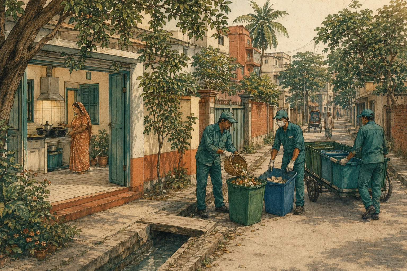 Sanitation workers collect waste on a neighbourhood street.