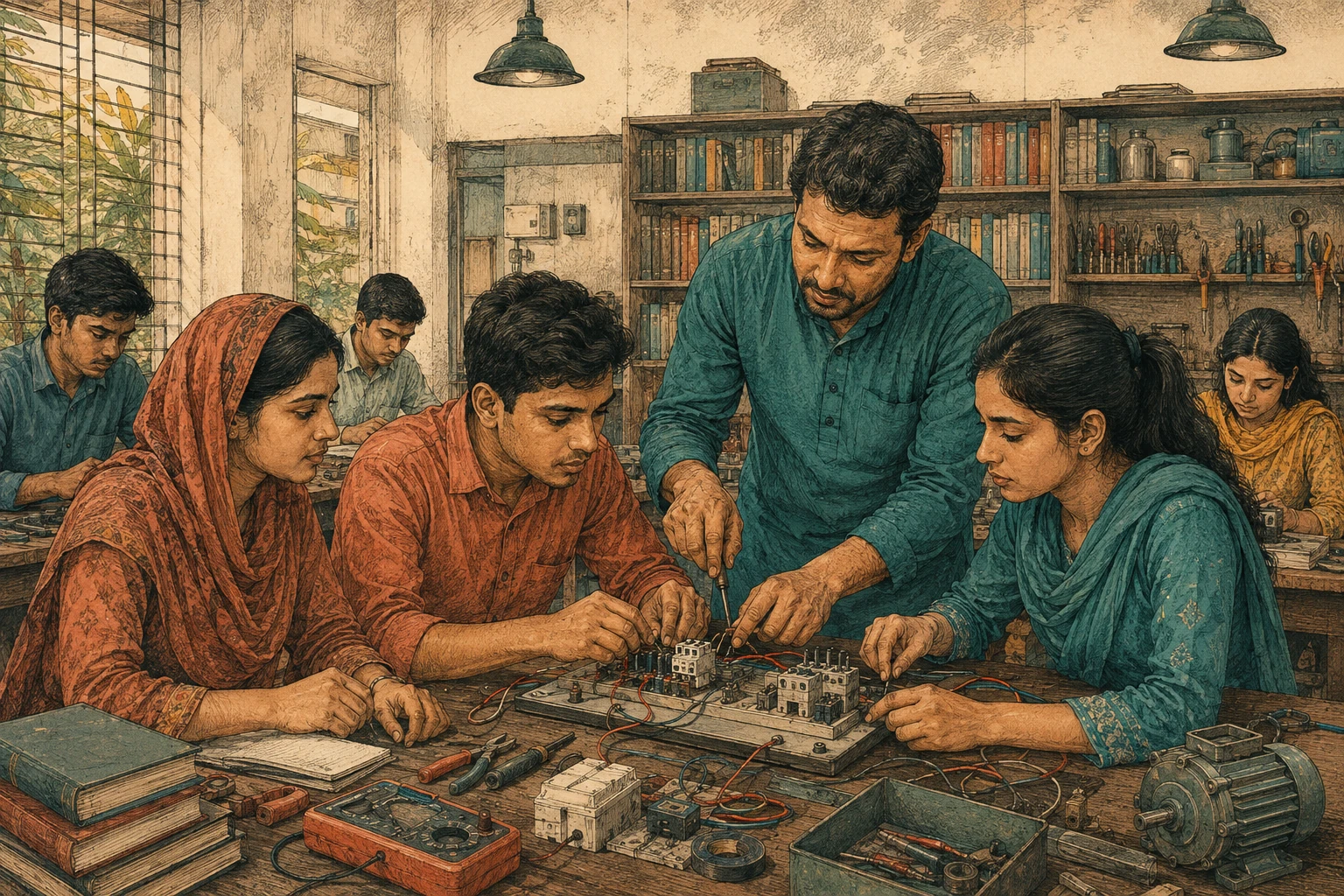 Students and an instructor work on an electrical assembly in a vocational classroom.