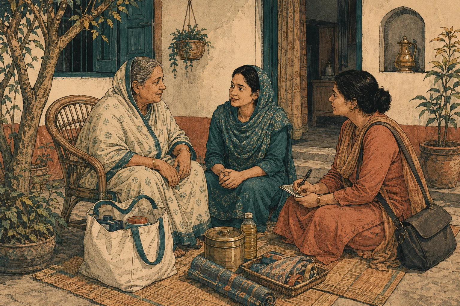 An older woman discusses household needs with family and a community worker.