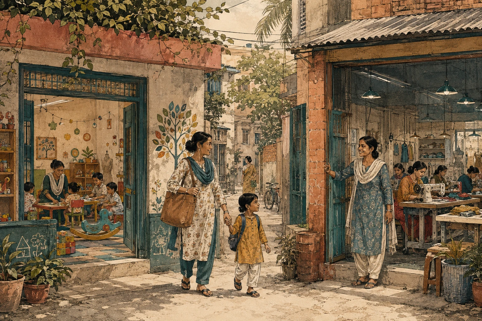 A working mother leaves a neighbourhood childcare room near her workplace.