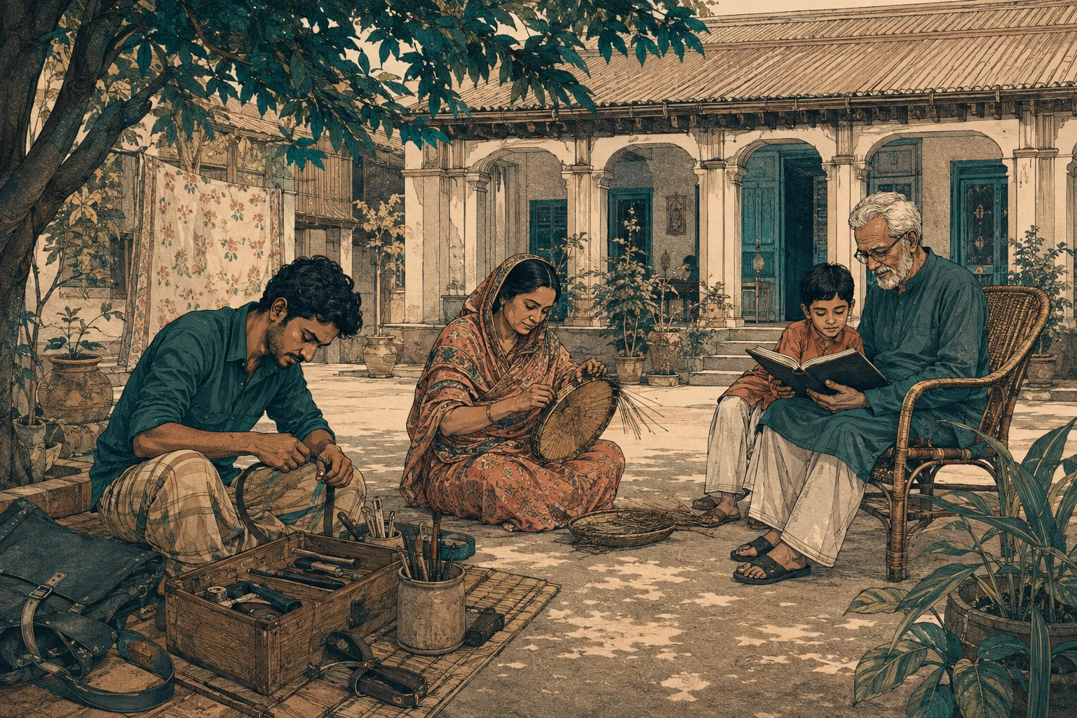 Three generations share work, preparation and learning in a family courtyard.