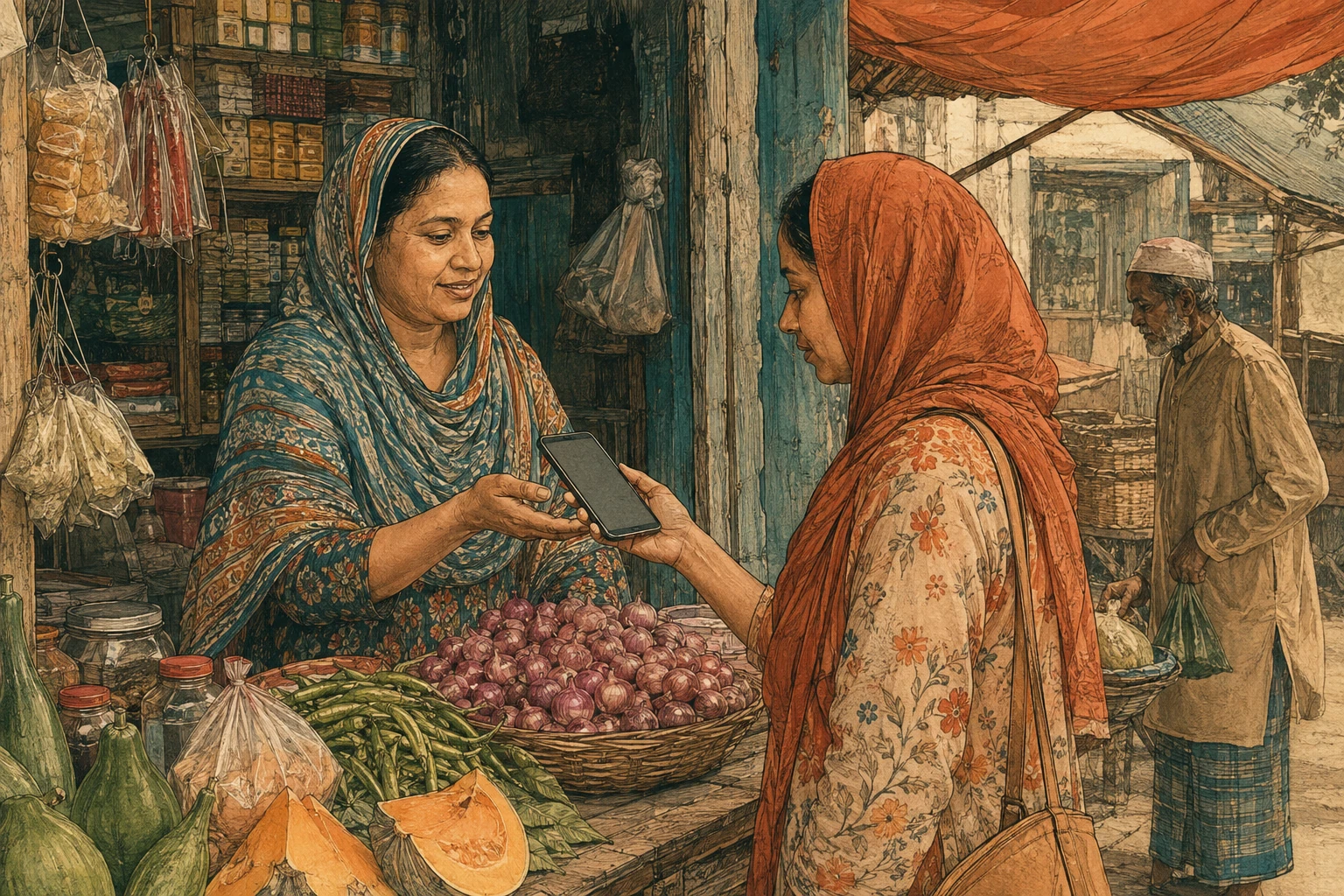 A shopkeeper and customer complete a mobile payment at a market stall.