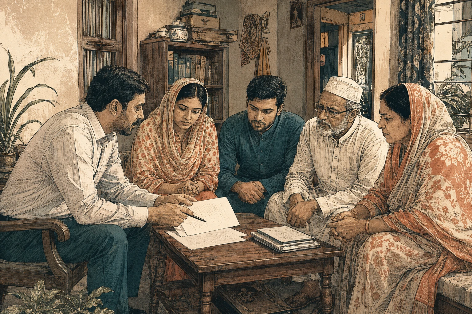 A family reviews long-term financial arrangements with a service officer.