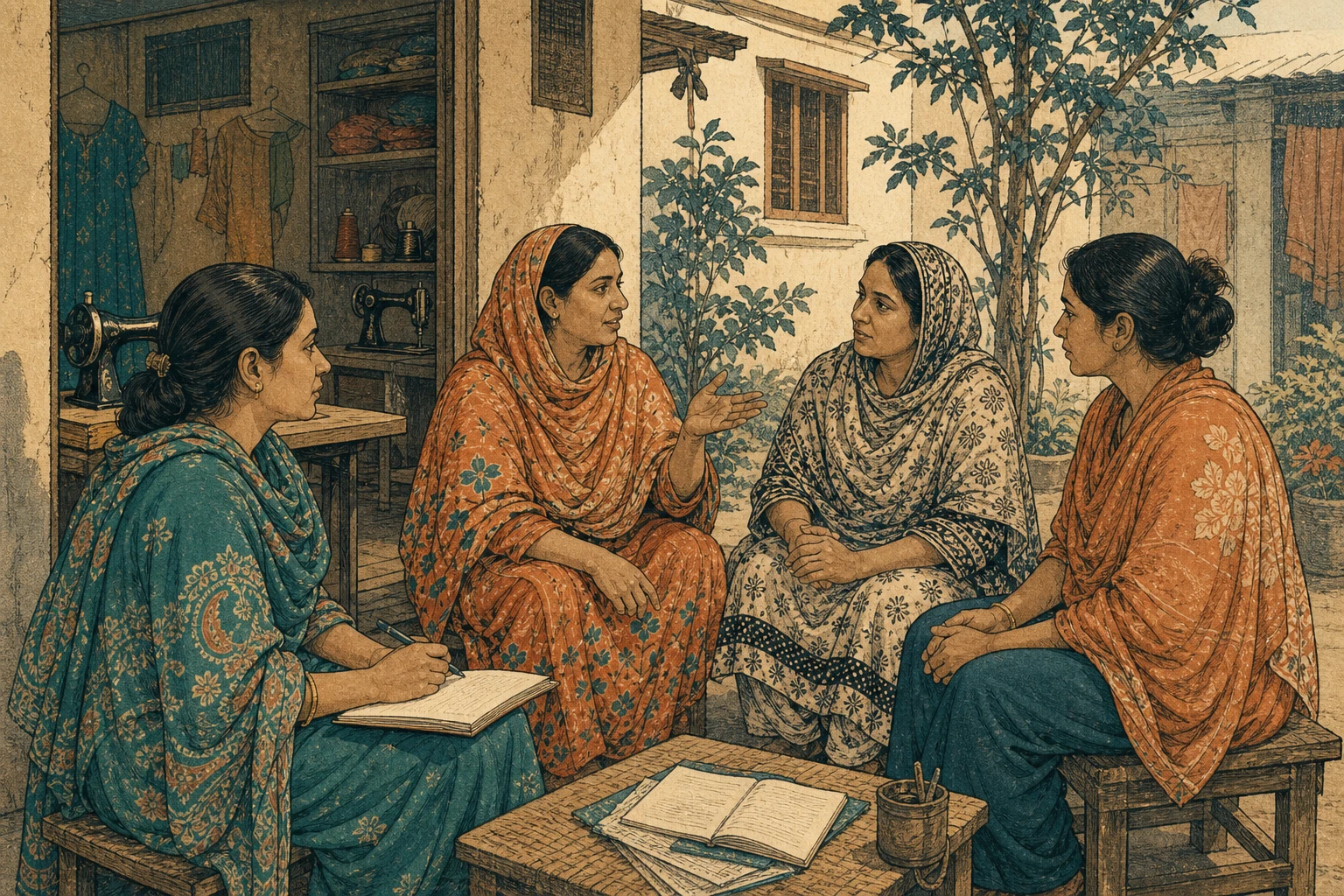 Women business owners discuss enterprise needs beside a tailoring shop.