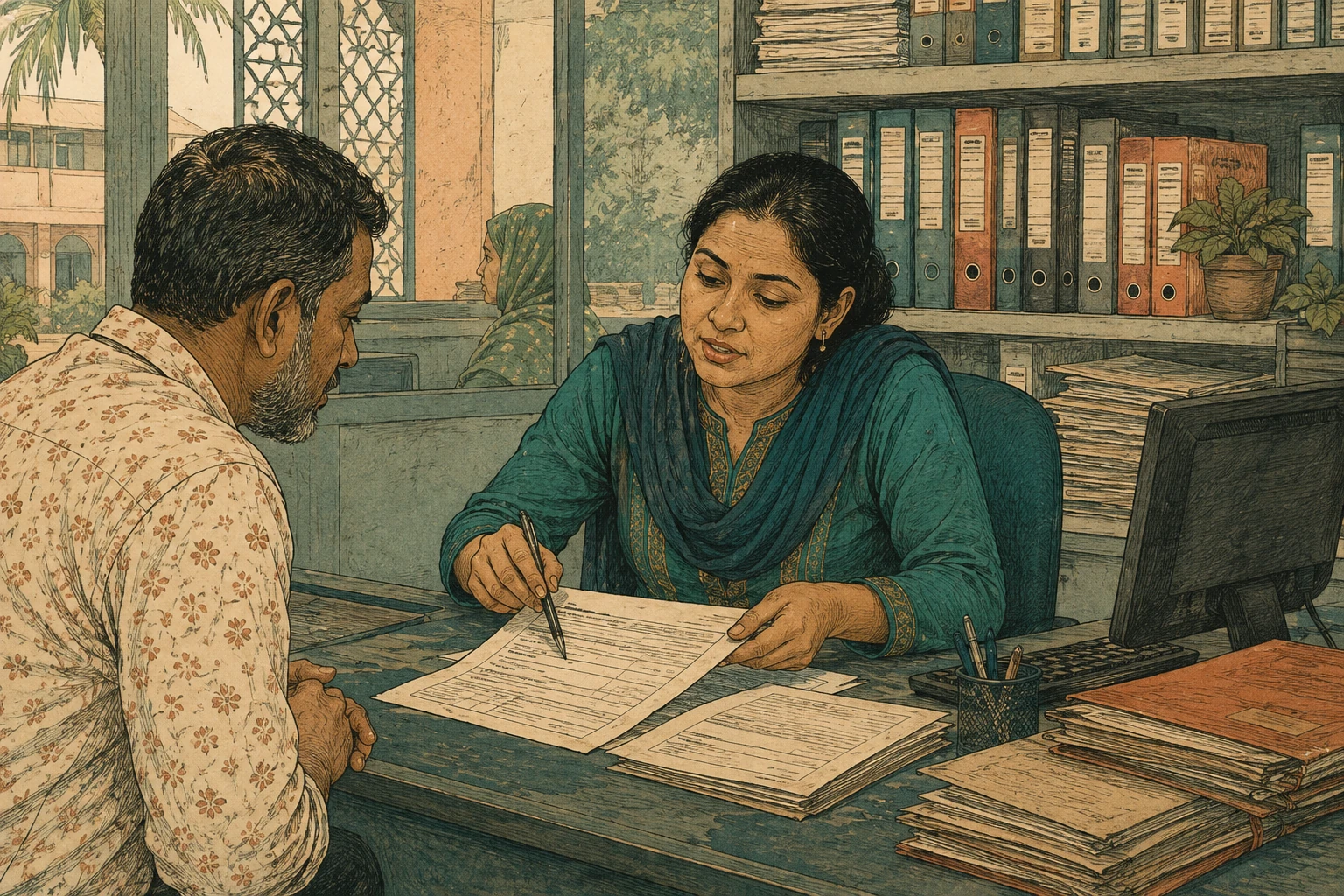 A business owner receives help with paperwork at a tax-service desk.
