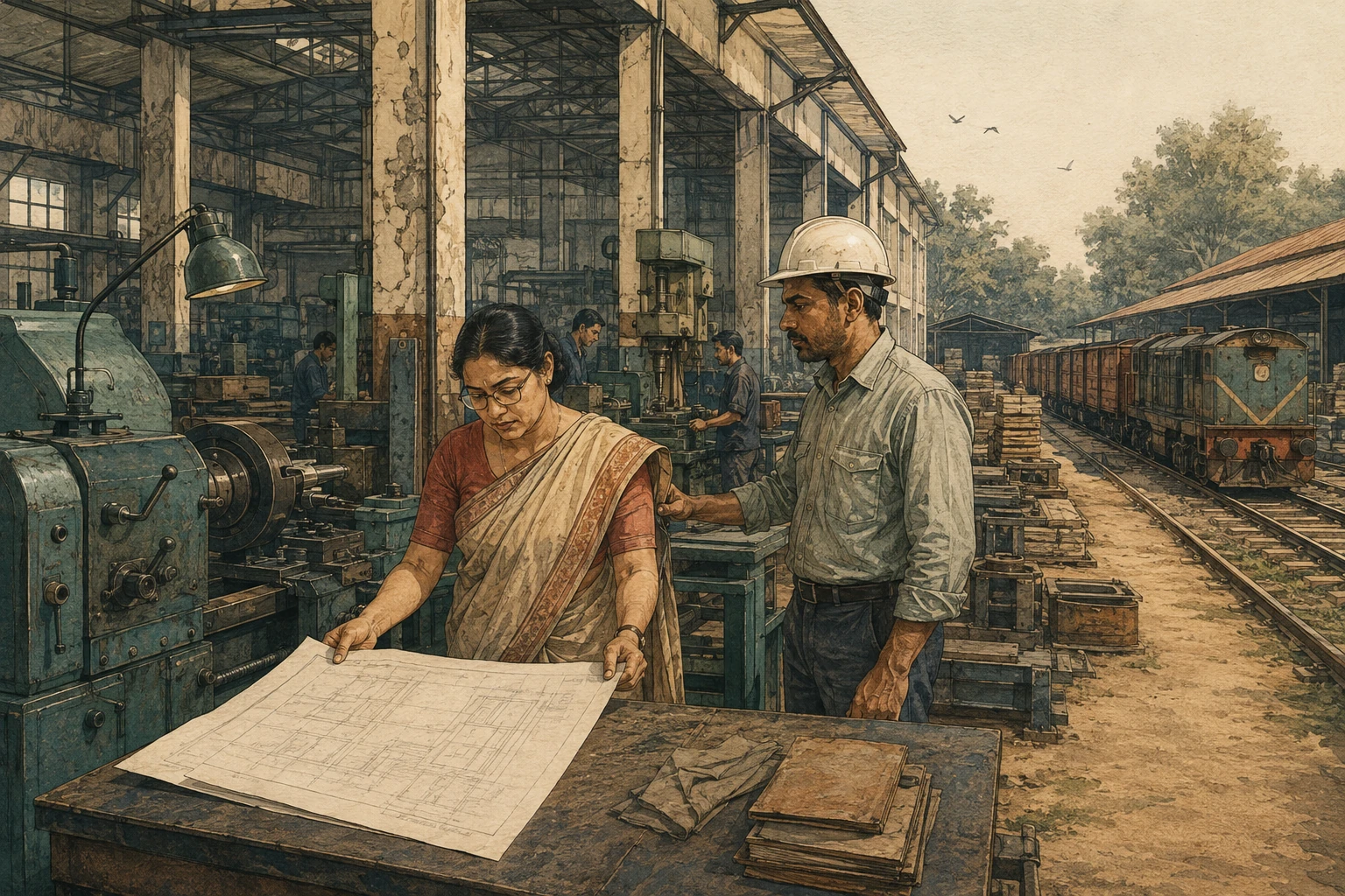 An engineer and a finance officer discuss maintenance in an industrial workshop.