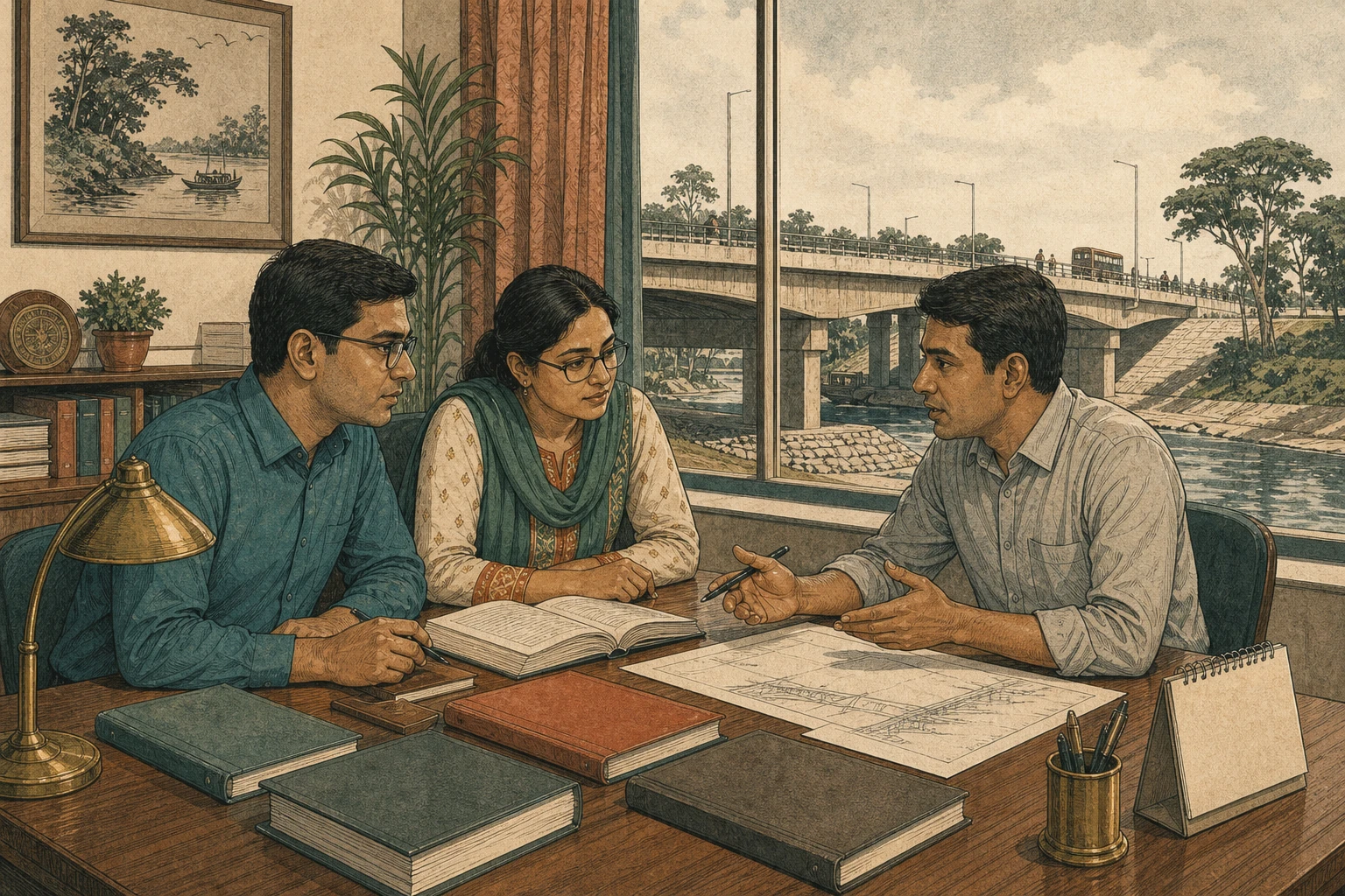 Analysts and an engineer review project accounts overlooking a bridge approach.