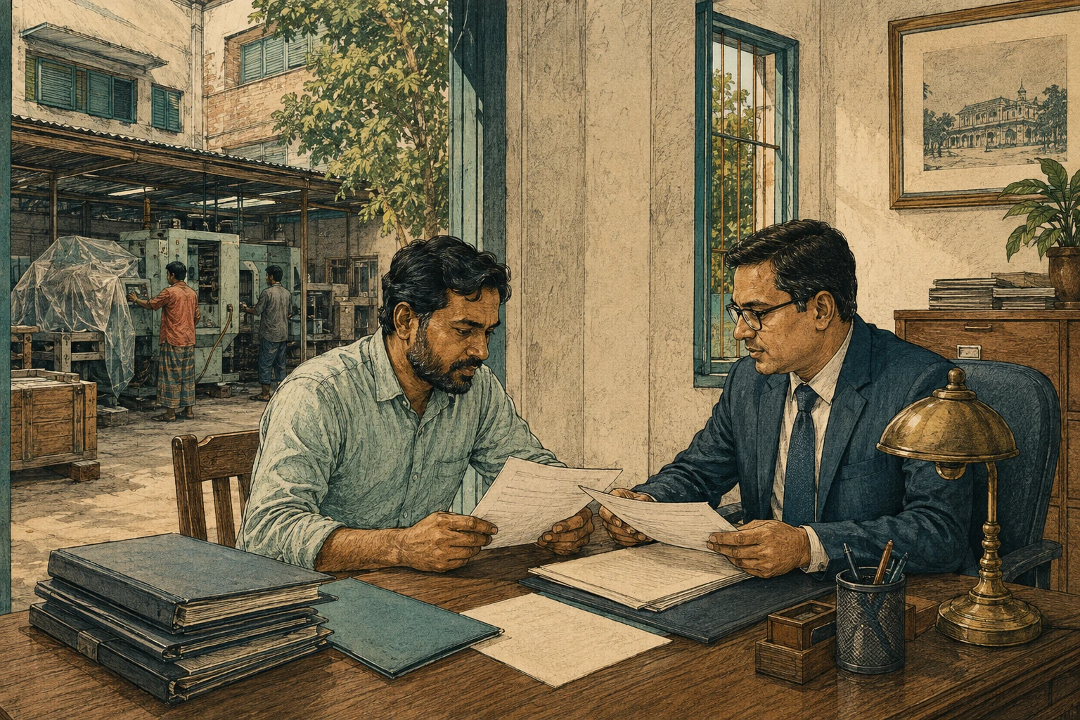 A business owner and bank officer review documents for an international transaction.