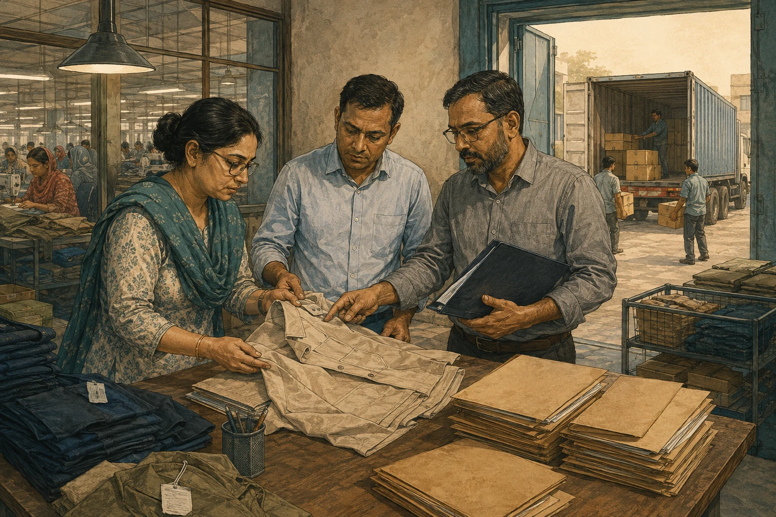 An exporter, inspector and customs specialist examine a product and shipment records.