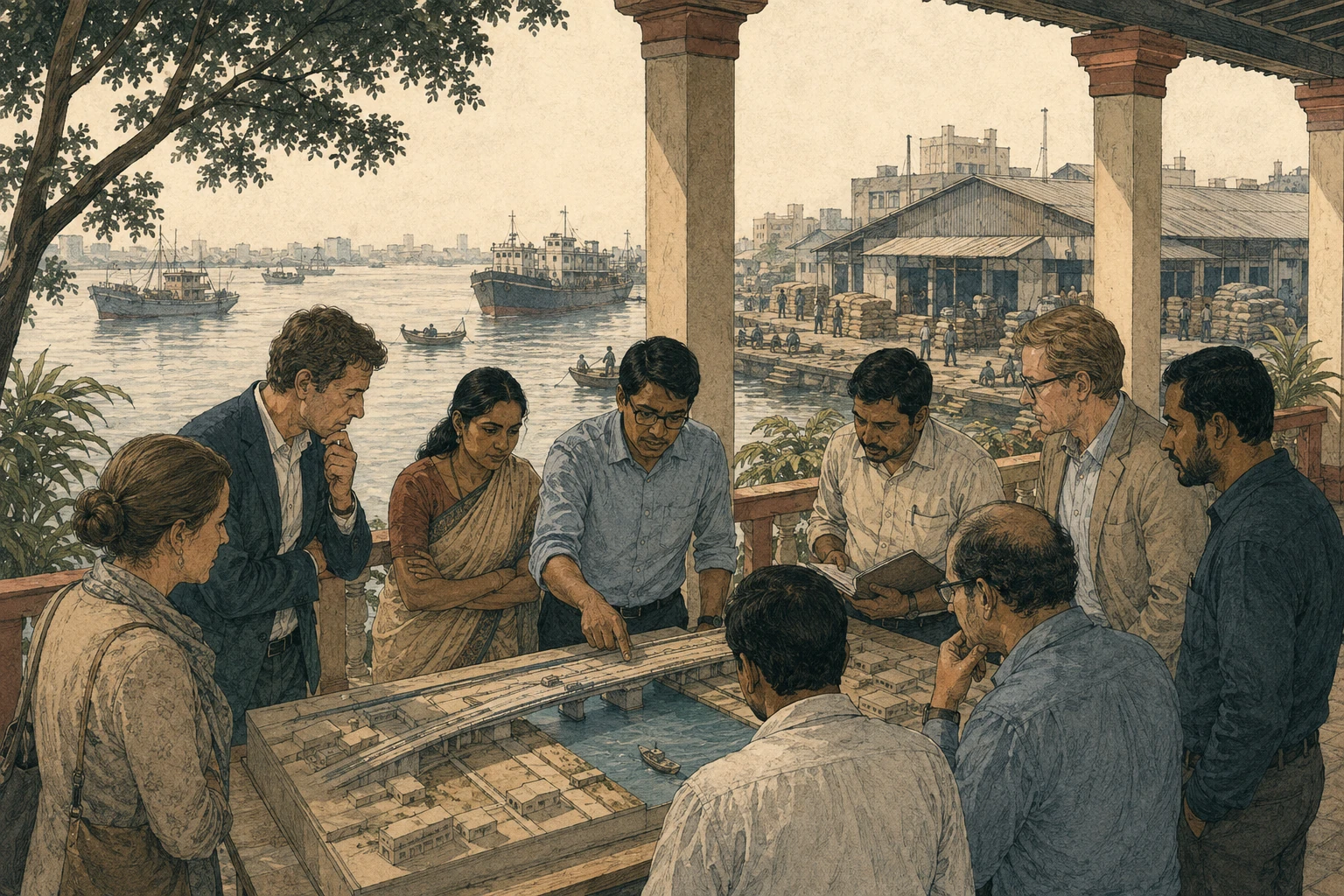 Engineers and commercial partners discuss a transport project beside a working river.