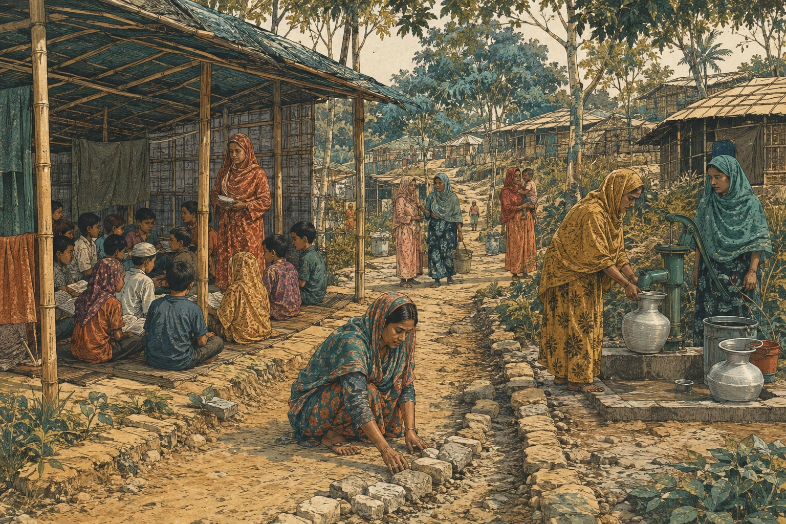 Residents maintain a footpath beside a learning shelter and community water point.