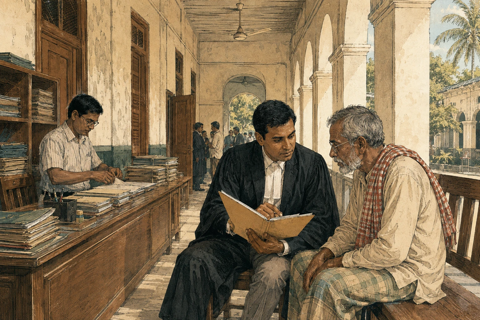 A lawyer discusses a case with a client while a clerk organises records nearby.