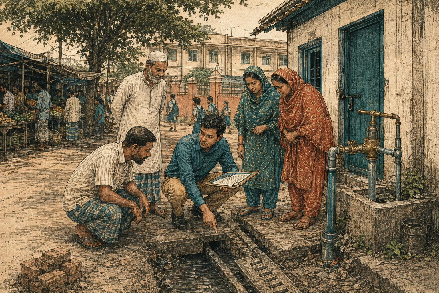 Residents and an engineer inspect local drainage and water connections.