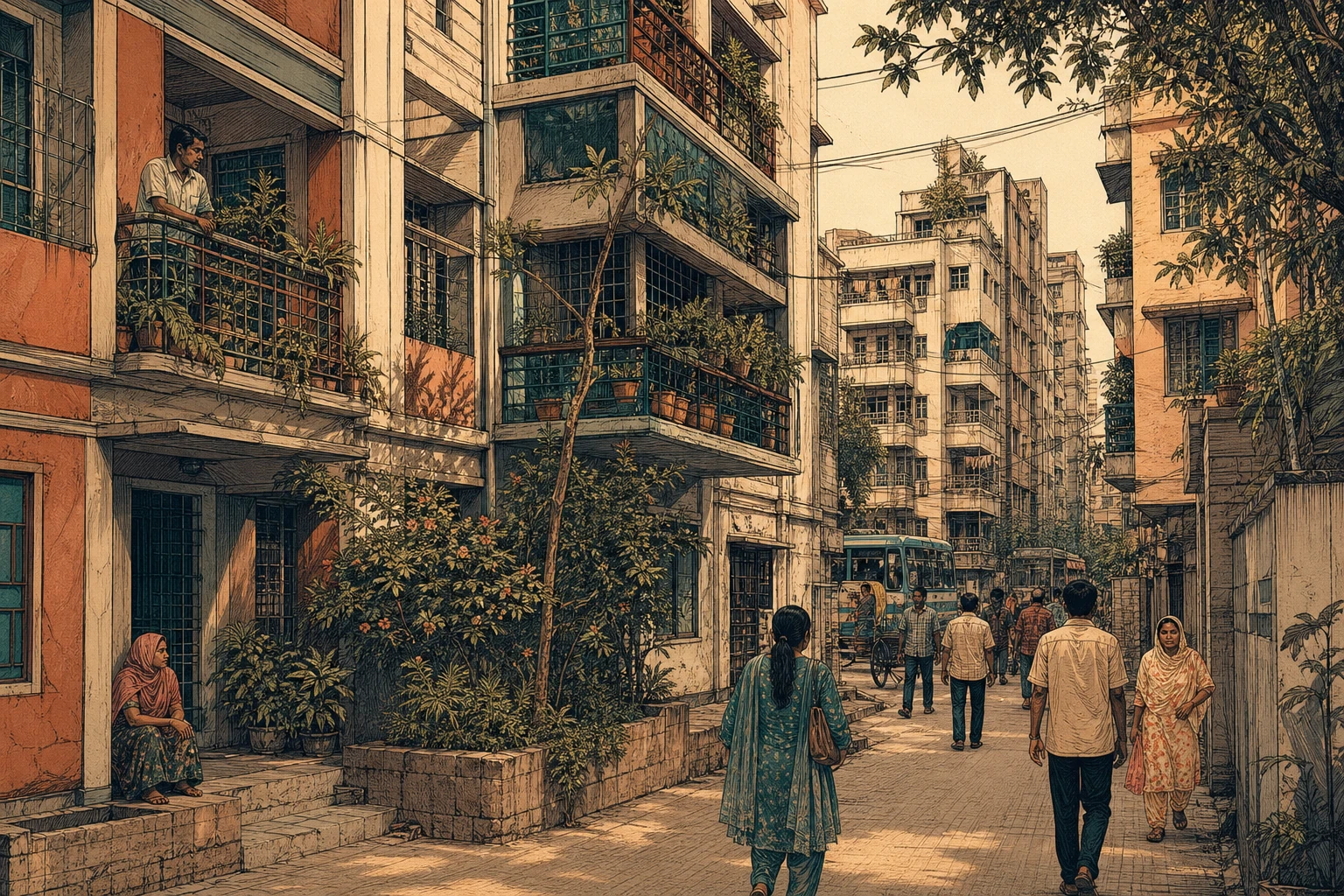 Housing, pedestrians and transport share a dense metropolitan neighbourhood.