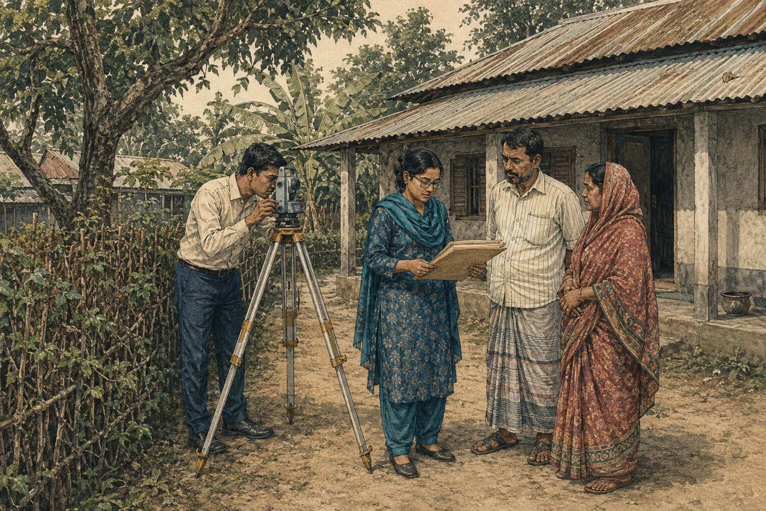 A survey team and property holder compare records with a boundary on the ground.