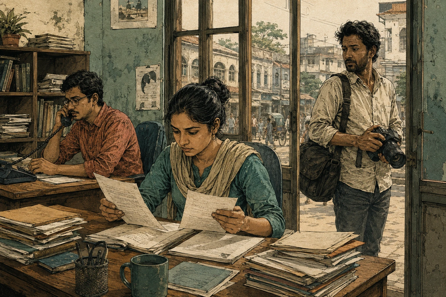 Reporters compare documents and conduct interviews in a small newsroom.
