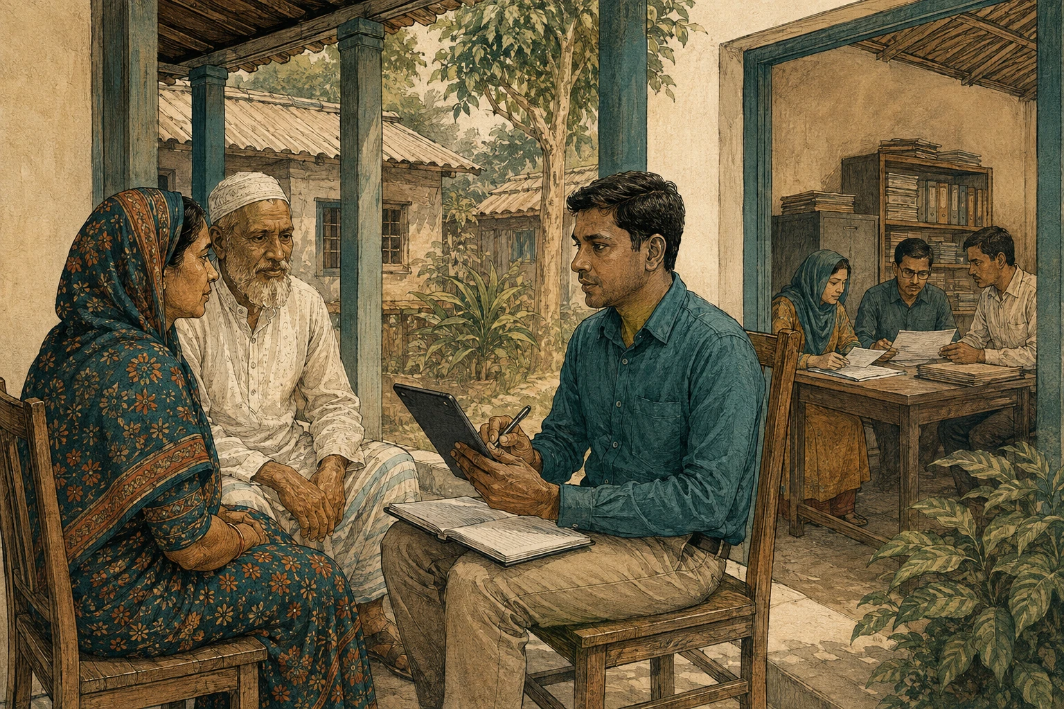 A field enumerator interviews a household while colleagues review survey records.