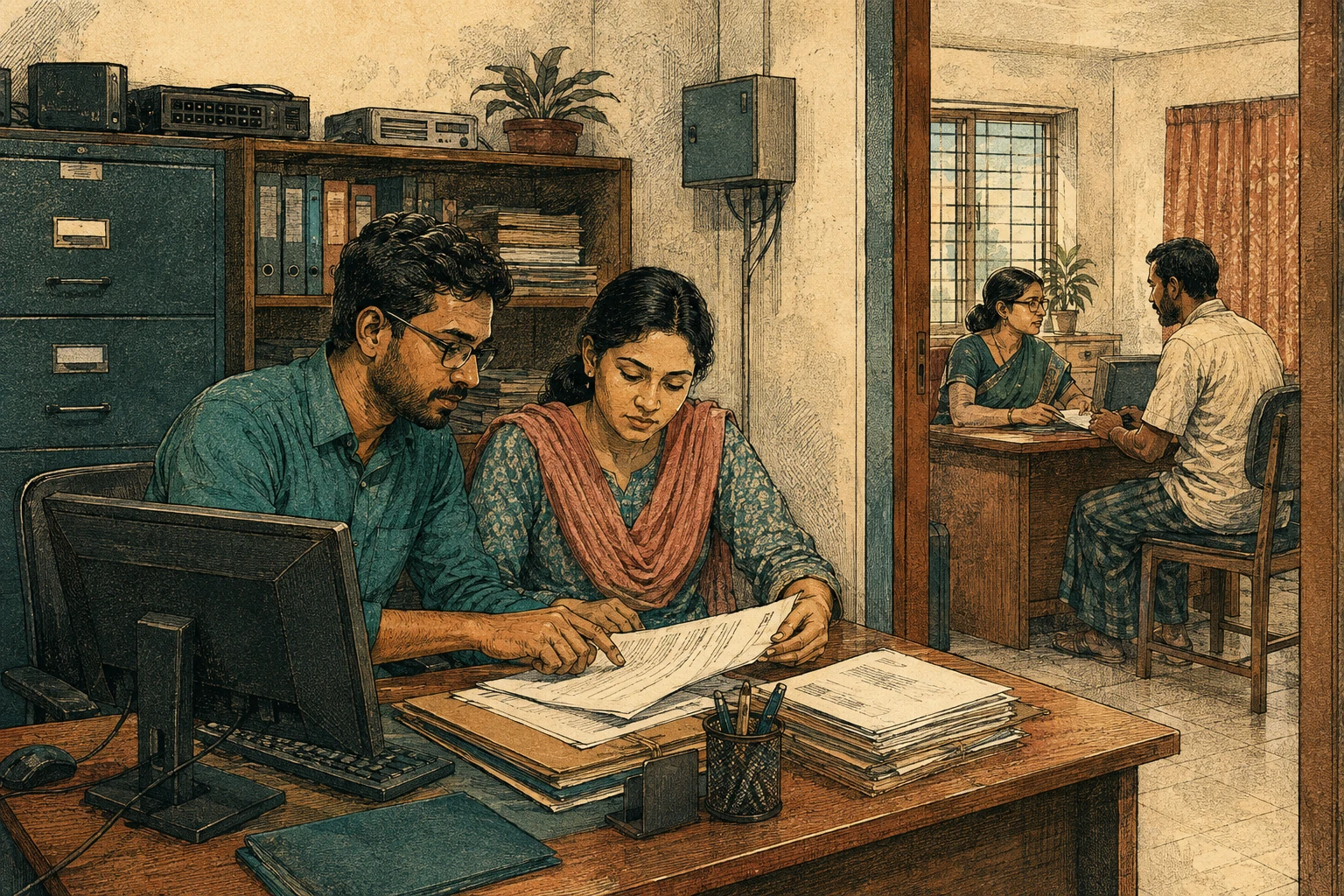 Technology and records staff review a digital public-service process.